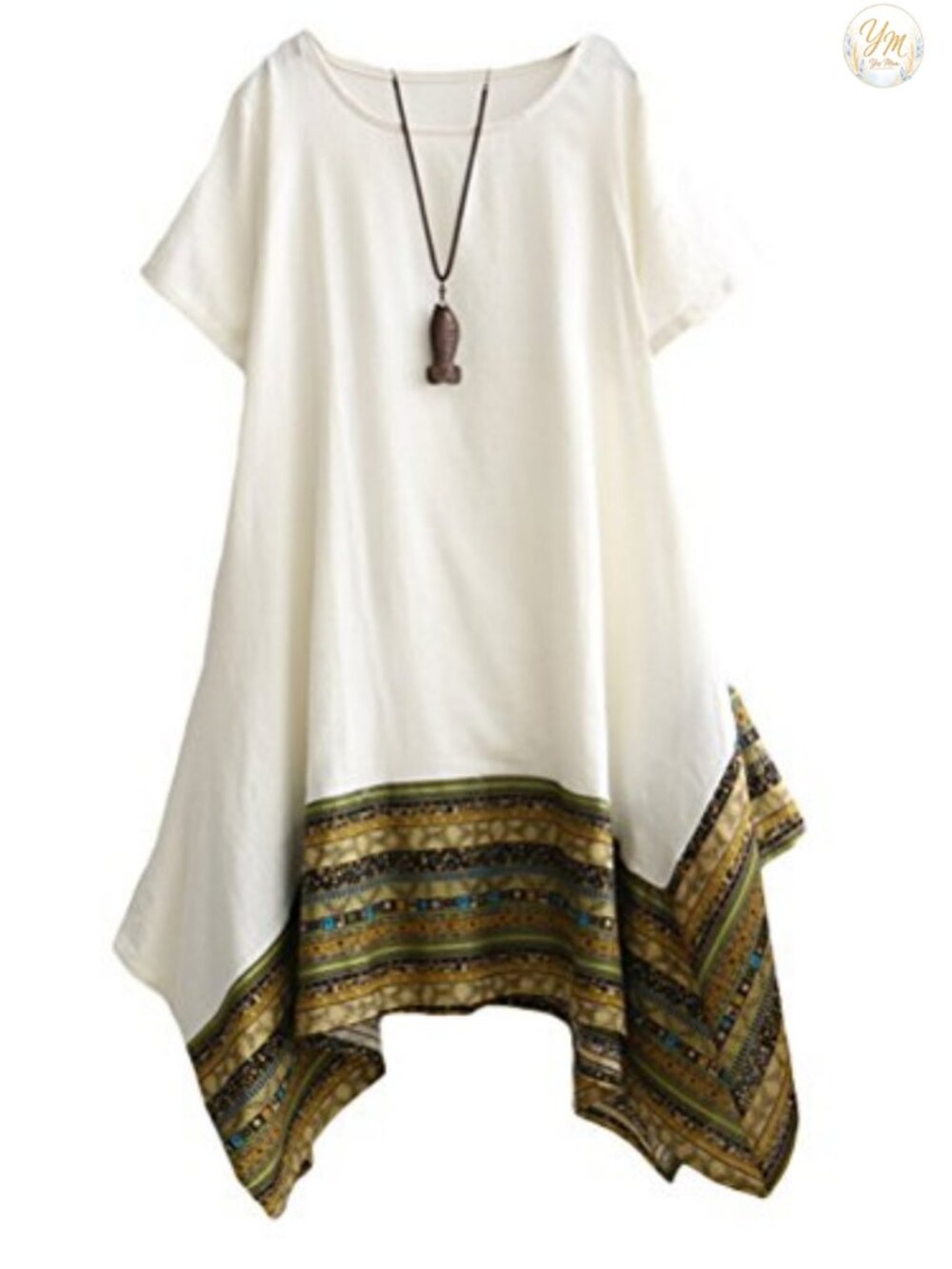 Cotton Linen Tunic Dress Short Sleeve High Low Boho Kaftan